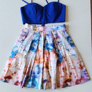Aqua Summer Dress Crepe Padded Bustier Top & Pleated Taffeta Floral Mini Skirt.